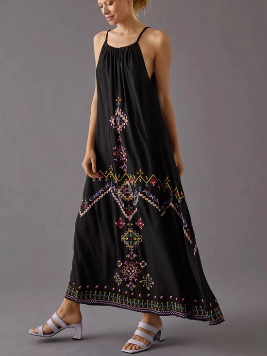 Anthropologie Dresses & Skirts - Anthropologie boho spaghetti strap black viscose embroidered full dress EUC S/M